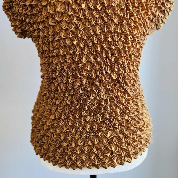 Vintage Radiance Antique Gold Silk-Blend Popcorn Crinkle Stretch Top – US M - Picture 9 of 13
